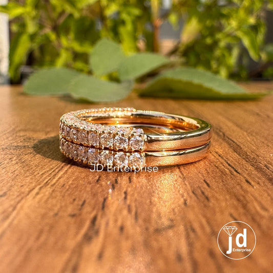 Two Row Pave Wedding Band Set, Moissanite Half Eternity Band, Two Matching Band for Trio Ring Set, Anniversary Gift Band for Engagement Ring