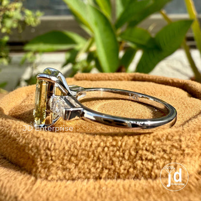3.00 CT Emerald Cut Canary Yellow Moissanite Engagement Ring, Three Stone Wedding Ring, Side Tapered Baguette, Comfort Fit Anniversary Ring