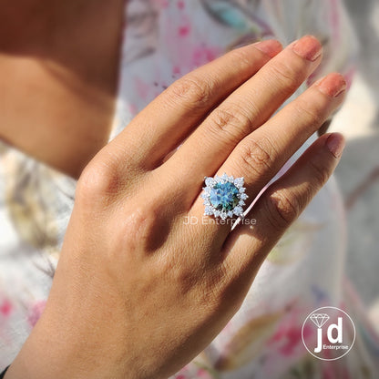 3.60 CT Round Cut Bluegreen Moissanite Engagement Ring, Vintage Halo Anniversary Ring, Pave Set Wedding Rings for Women, Bridal Ring Set
