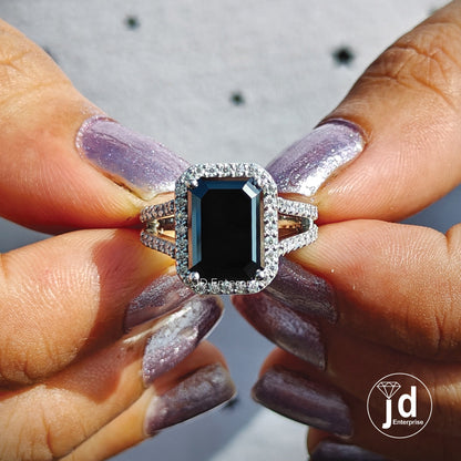 Emerald Cut Rich Deep Black Moissanite Halo Engagement Ring, Split Shank Pave Moissanite Wedding Ring for Her, Anniversary Gift, Bridal Ring