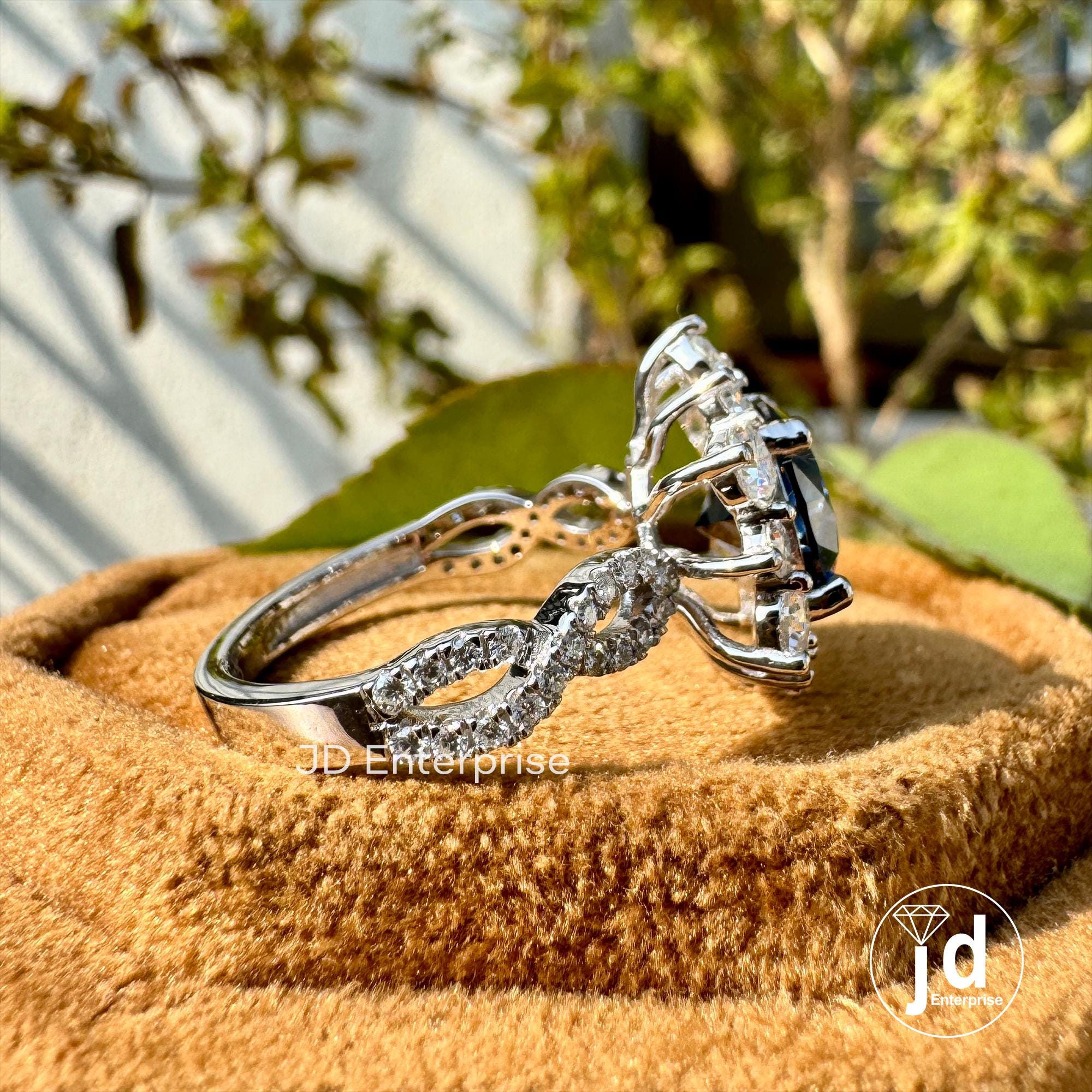3.50 CTW Round Cut Dark Blue Moissanite Engagement Ring, Vintage Halo Anniversary Ring, Twisted Pave Wedding Ring, Crossover Rings for Women