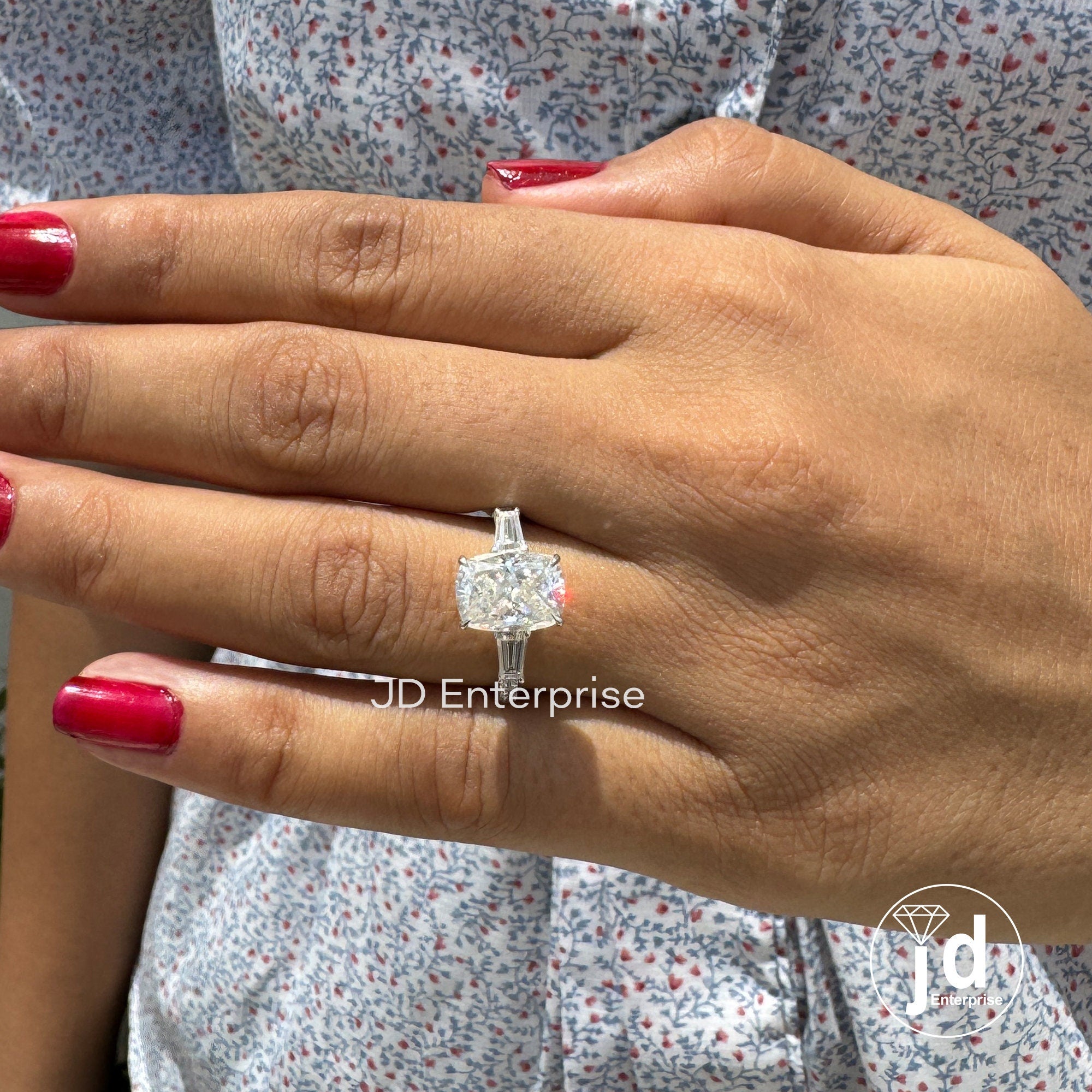 3.20 TW Elongated Cushion Moissanite Ring, Three Stone Engagement Ring, Side Tapered Baguettes Wedding Ring, Pave Set Propose Ring for Women