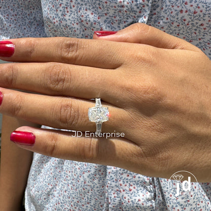 3.20 TW Elongated Cushion Moissanite Ring, Three Stone Engagement Ring, Side Tapered Baguettes Wedding Ring, Pave Set Propose Ring for Women