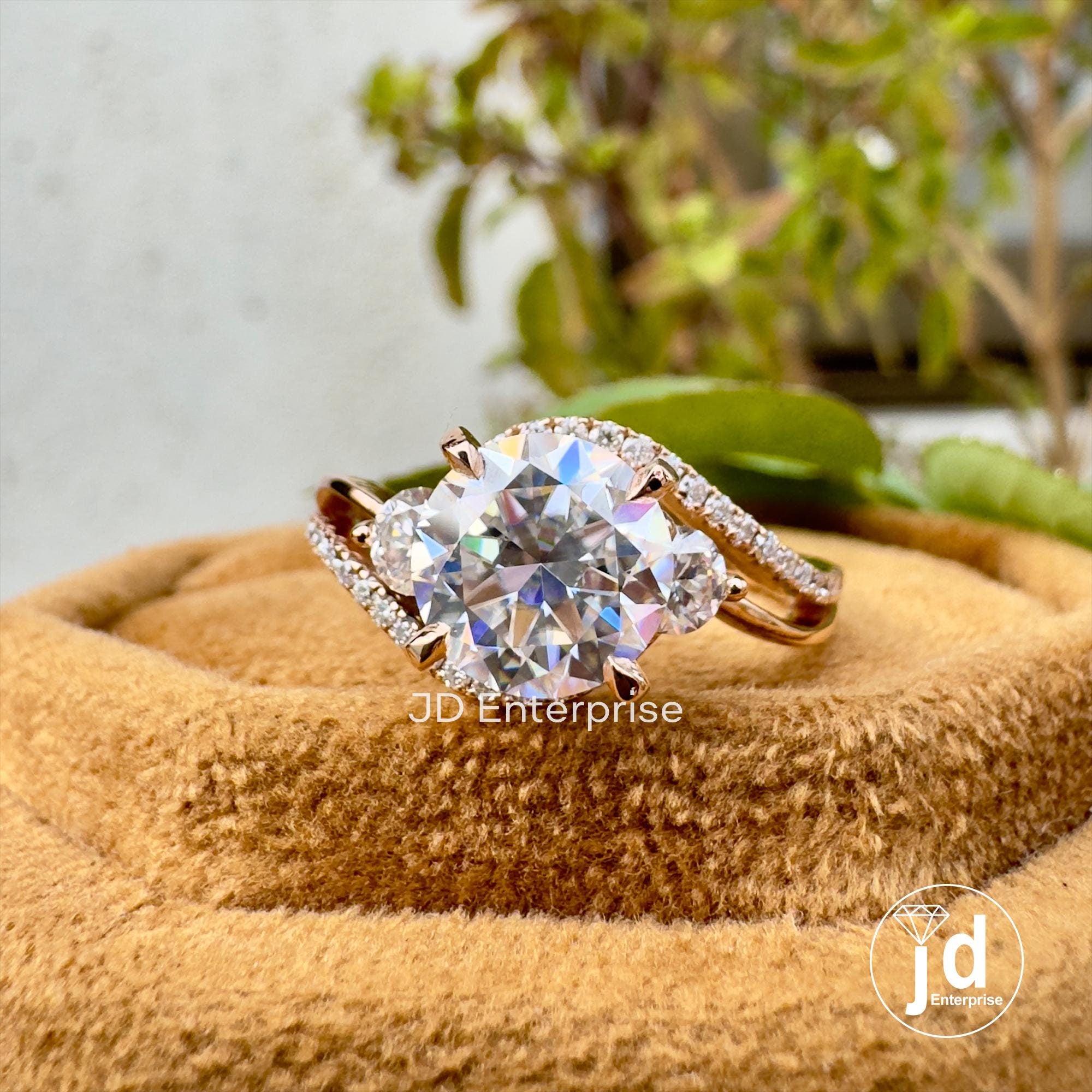 2.00 CT Round Moissanite Engagement Ring, Split Shank Anniversary Ring, Split Pave Set Wedding Ring, Bypass Shank Three Stone Bridal Ring