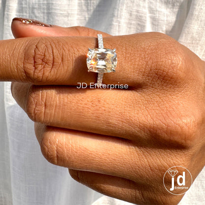 Old Mine Cushion Moissanite Ring, Off-White Moissanite Anniversary Ring, Vintage Style Engagement Ring, Pave Set Moissanite Proposal Ring