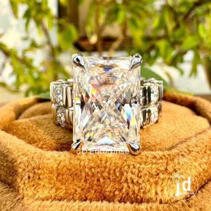 10.23 CT Large Radiant Cut Moissanite Engagement Ring, Celebrity Style Wedding Ring Set, Hidden Halo Bridal Ring Set, Bar Set Eternity Band