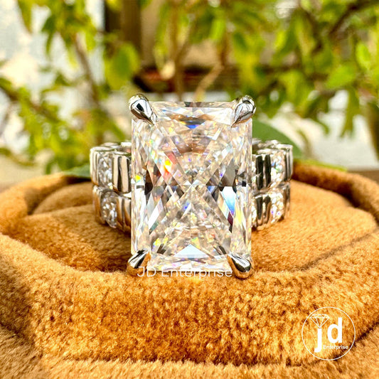 10.23 CT Large Radiant Cut Moissanite Engagement Ring, Celebrity Style Wedding Ring Set, Hidden Halo Bridal Ring Set, Bar Set Eternity Band