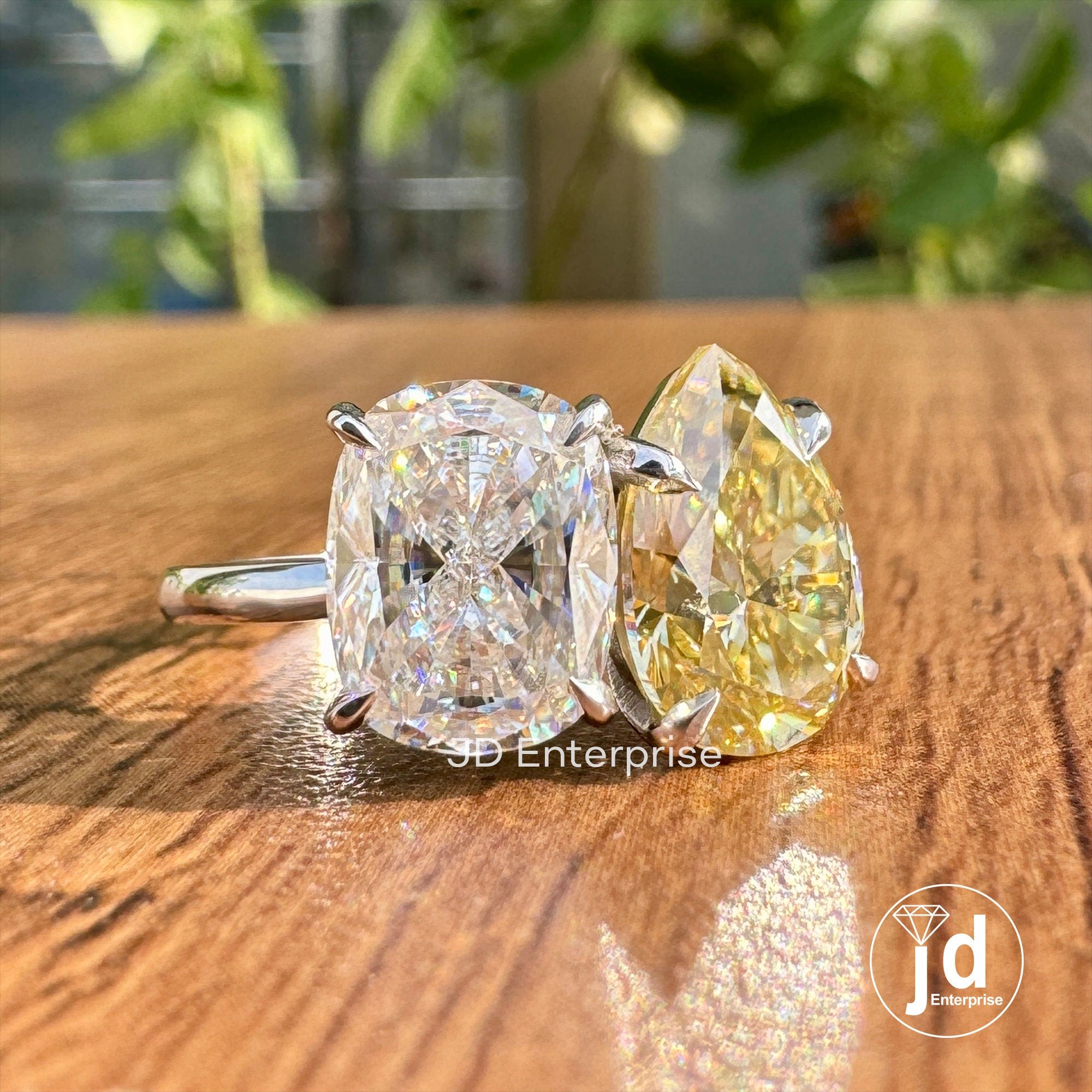 Cushion & Pear Cut Moissanite Ring, Toi Et Moi Engagement Ring, Canary Yellow or Colorless Two Stone Anniversary Ring, Vintage Wedding Ring