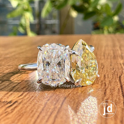 Cushion & Pear Cut Moissanite Ring, Toi Et Moi Engagement Ring, Canary Yellow or Colorless Two Stone Anniversary Ring, Vintage Wedding Ring