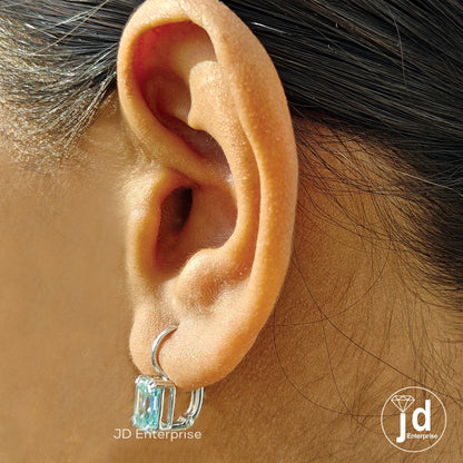 4.72 TCW Cyan Blue Emerald Cut Moissanite Engagement Earrings, Moissanite Wedding Earrings, Dangle Drop Bridal Earrings, Proposal Earrings