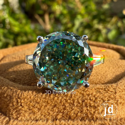 7.50 CT Portuguese Cyan Blue Moissanite Engagement Ring, Three Stone Wedding Ring, Side Tapered Baguette Moissanite, Anniversary Gifts