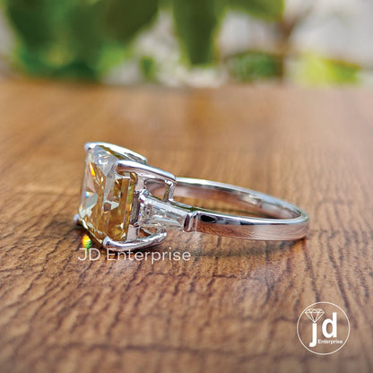 Three Stone Wedding Ring, 5.50 TCW Radiant Cut Canary Yellow Moissanite Engagement Ring, East to West Set Anniversary Ring, Promise Ring