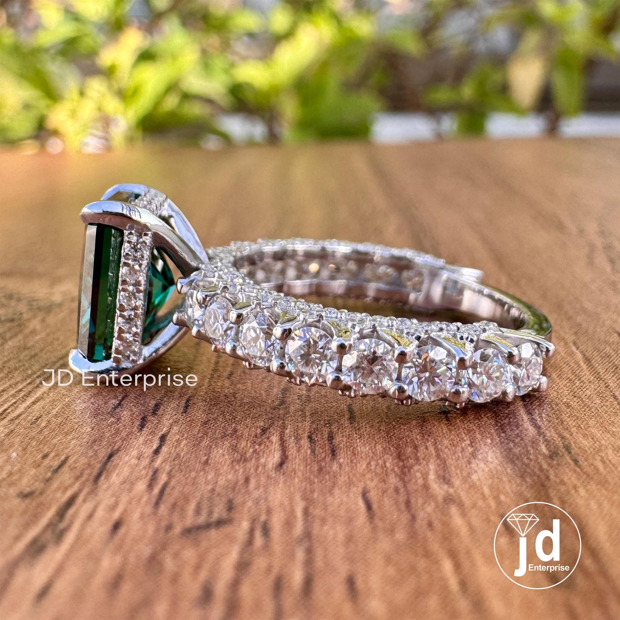 Fancy Dark Green Radiant Cut Moissanite Engagement Ring, Hidden Halo Wedding Ring, Three Side Pave Ring, Anniversary Ring for Women