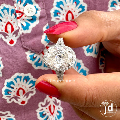 Antique Portuguese Oval Cut Moissanite Engagement Ring, Pave Split Shank Wedding Ring, Halo Ring, Bride Ring, Anniversary Ring, Promise Ring