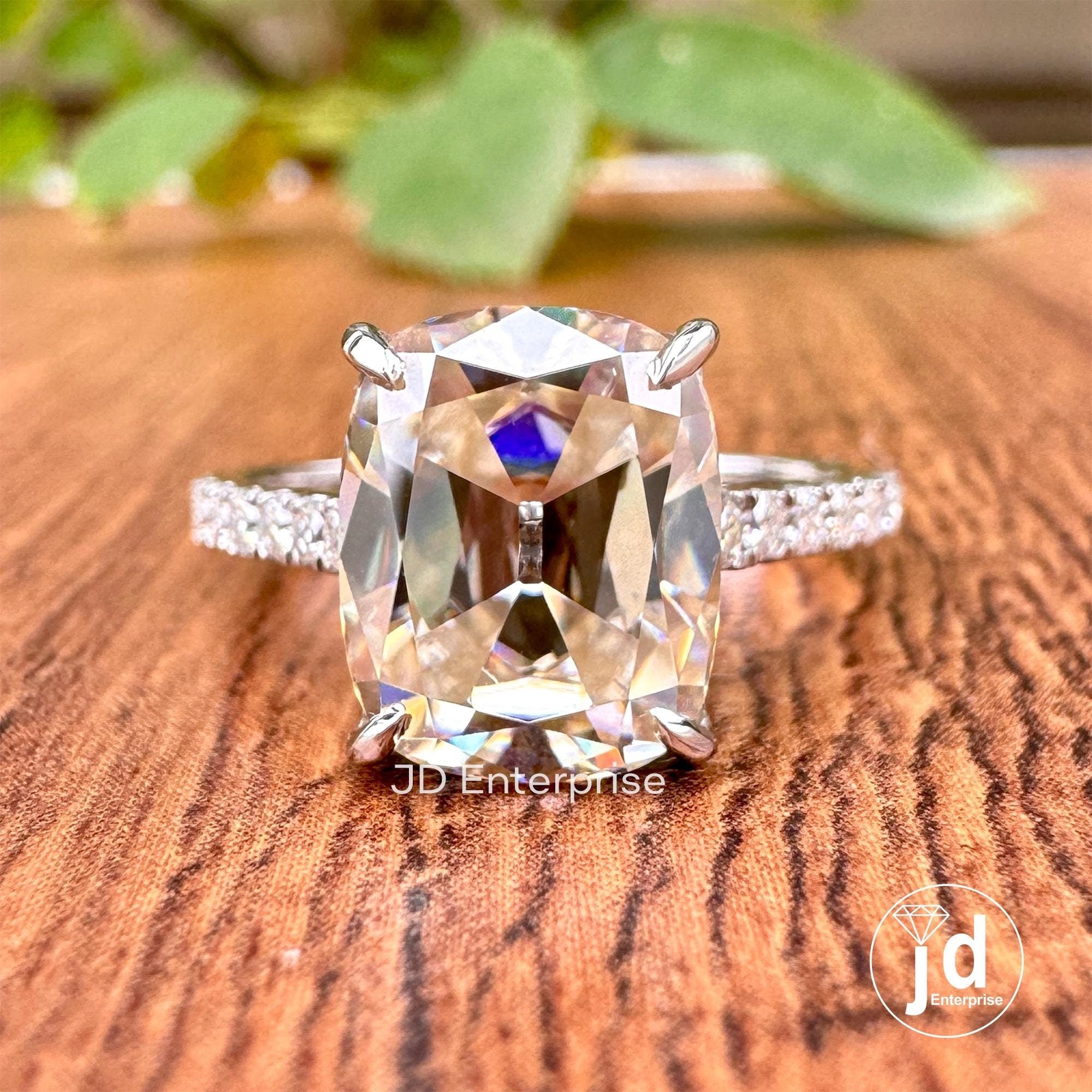 Old Mine Cushion Moissanite Ring, Off-White Moissanite Anniversary Ring, Vintage Style Engagement Ring, Pave Set Moissanite Proposal Ring