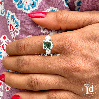 4.00TCW Cushion Cut Blue Green Moissanite Three Stone Engagement Ring, 10k Yellow Gold Bridal Ring, Cocktail Anniversary Ring, Wedding Ring