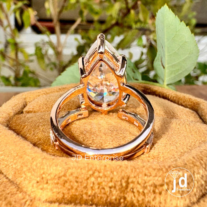 9.00TW Big Pear Cut Moissanite Engagement Ring, Solitaire Teardrop Wedding Ring Set, Celebrity Style Bridal Ring Set, Open Gap Baguette Band