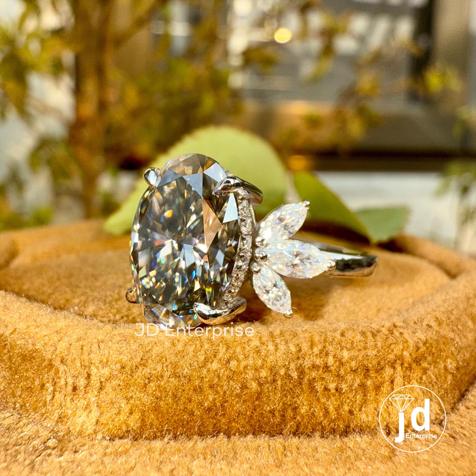 3.00 CT Oval Cut Grey Moissanite Engagement Ring, Cluster Hidden Halo Wedding Ring, Vintage Bridal Ring, Promise Ring, Anniversary Gift