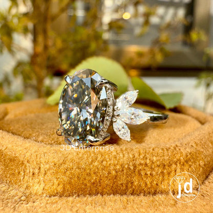 3.00 CT Oval Cut Grey Moissanite Engagement Ring, Cluster Hidden Halo Wedding Ring, Vintage Bridal Ring, Promise Ring, Anniversary Gift