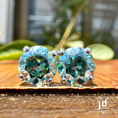 2.00 TCW Antique OEC Round Cyan Blue Moissanite Stud Vintage Style 10K White Gold Earrings, Old European Cut Moissanite Earrings, Screw Back