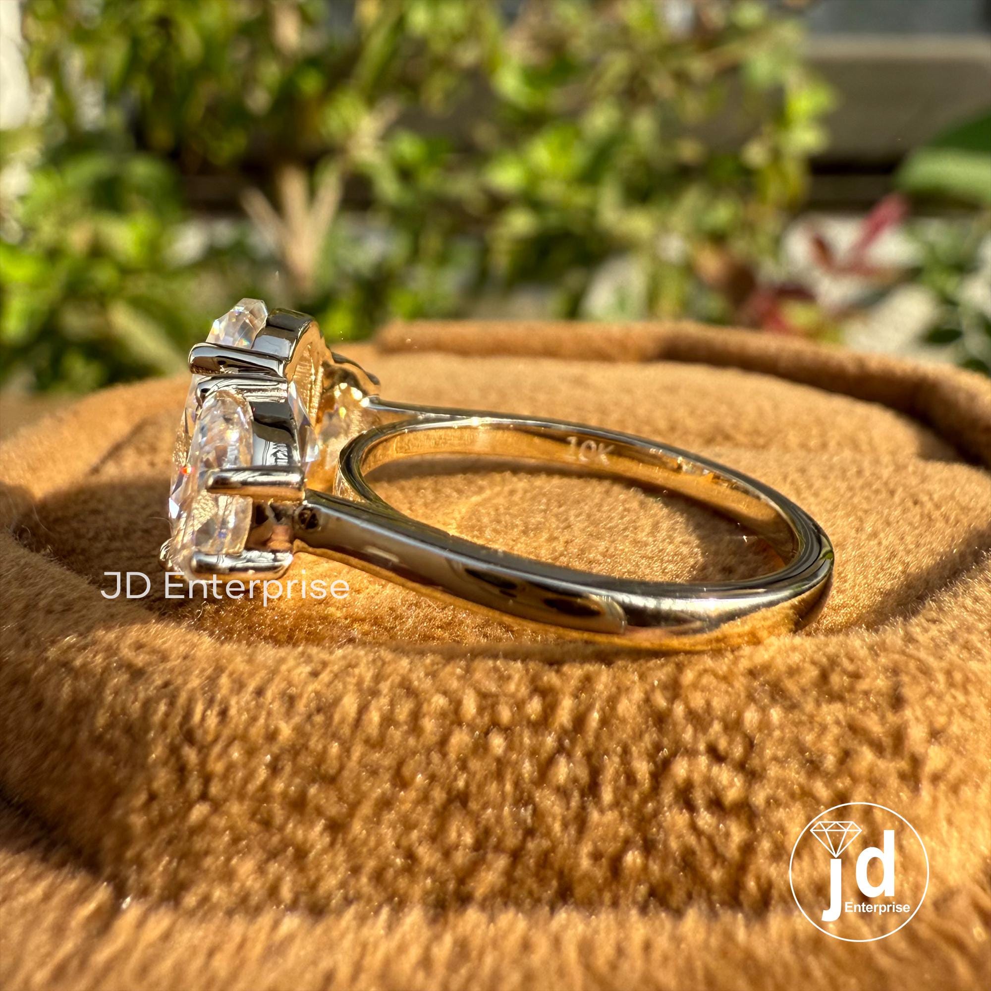 3.33 TCW Oval Cut Moissanite Engagement Ring, Side Stone Half Moon, Yellow Gold Three Stone Wedding Ring, Anniversary Ring, Trilogy Ring