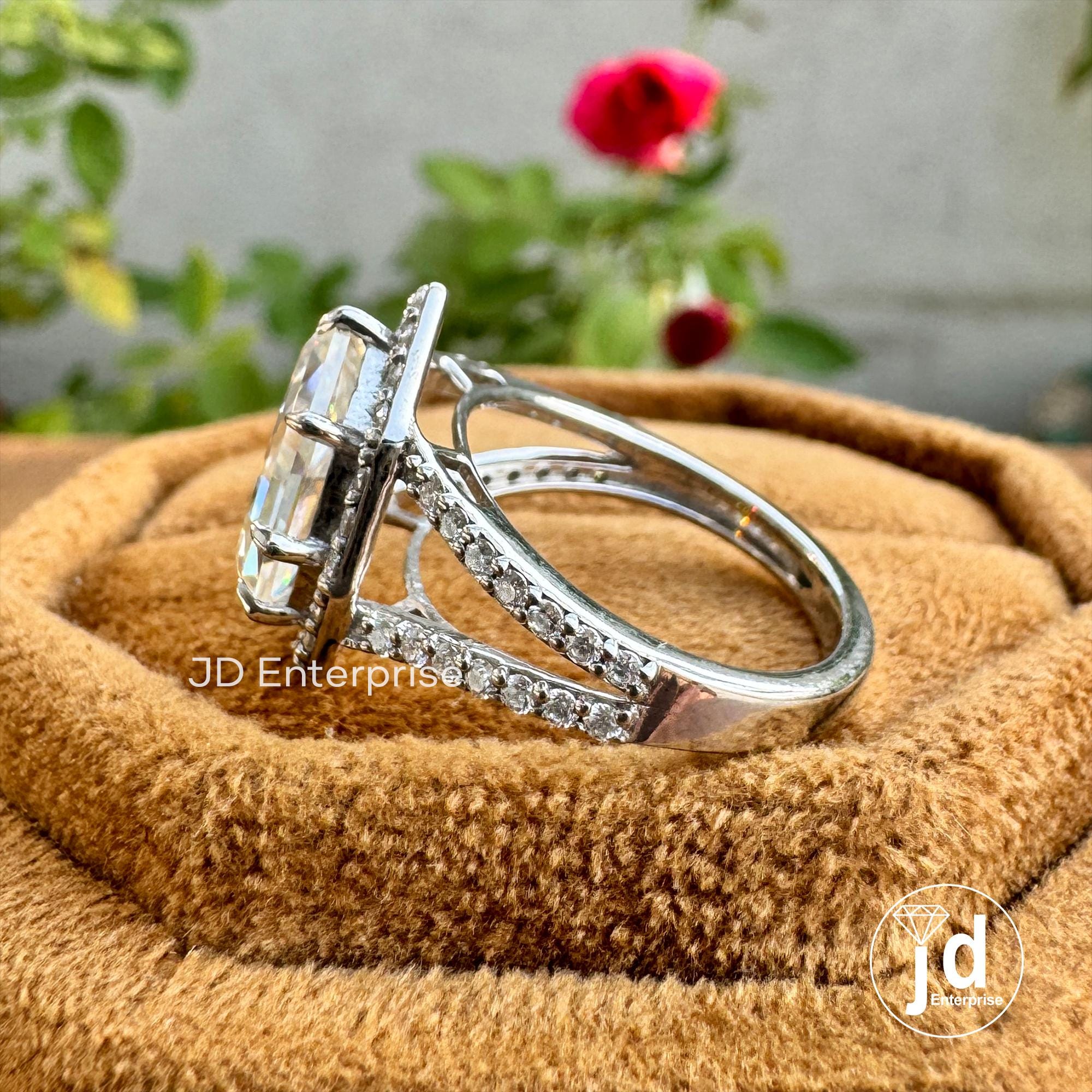 3.50 TCW Colorless Step Cut Pear Moissanite Engagement Ring, Round Halo Wedding Ring, Pave Set Split Shank Anniversary Ring, Bridal Ring Set