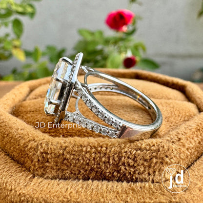 3.50 TCW Colorless Step Cut Pear Moissanite Engagement Ring, Round Halo Wedding Ring, Pave Set Split Shank Anniversary Ring, Bridal Ring Set