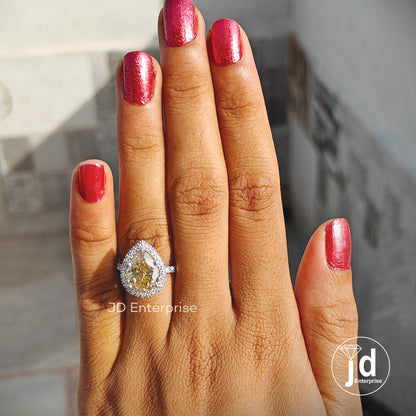 3.50 CT Pear Cut Canary Yellow Moissanite Halo Engagement Ring, Hidden Halo Wedding Ring, Teardrop Accent Bridal Ring, Anniversary Gifts