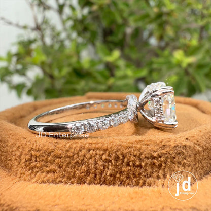 3.06 TW Radiant Cut Moissanite Engagement Ring, East to West Set Double Prong, Hidden Halo Wedding Ring, Bridge Pave Set Anniversary Gift