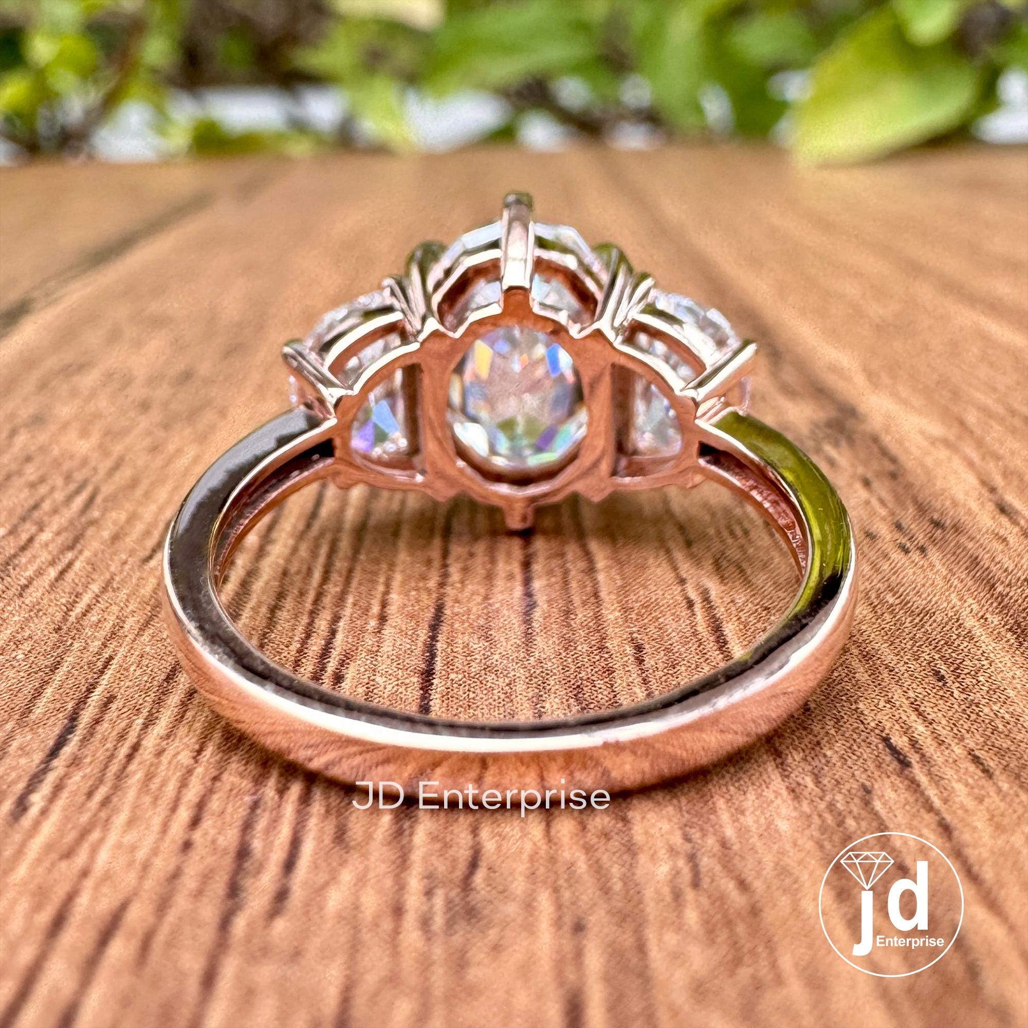 4.10 TCW Oval Step Cut & Half Moon Moissanite Engagement Ring, Three Stone Wedding Ring, 10k Rose Gold Ring for Women, Six Prong Bridal Ring