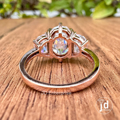 4.10 TCW Oval Step Cut & Half Moon Moissanite Engagement Ring, Three Stone Wedding Ring, 10k Rose Gold Ring for Women, Six Prong Bridal Ring