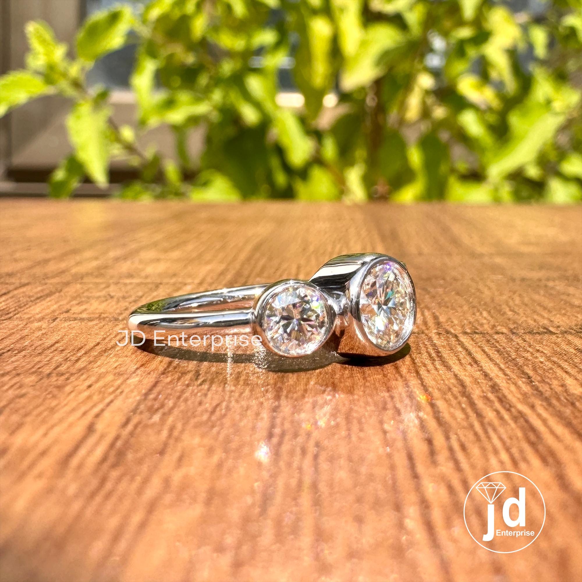1.09 TW Colorless Round Moissanite Engagement Ring, Bezel Set Moissanite Ring, Three Stone Wedding Ring, Anniversary Ring, Bridal Ring
