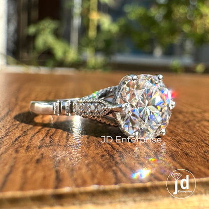 2.00 CT Round Brillant Cut Colorless Moissanite Ring, Vintage Pave Bridge Art Deco Moissanite Engagement Ring, Unique Wedding Ring for Women