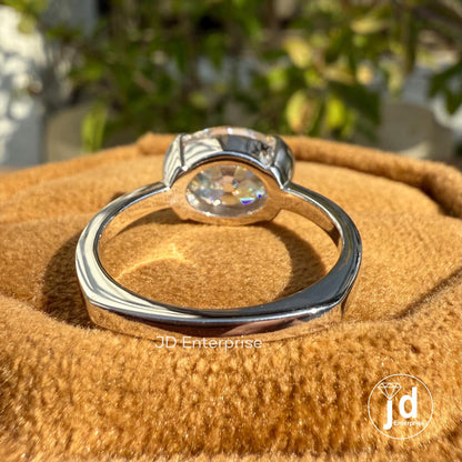 Old Mine Oval Cut Half Bezel Set Engagement Ring, 3.20 CT Near Colorless Solitaire Moissanite Wedding Ring, Euro Shank Ring, Bridal Ring