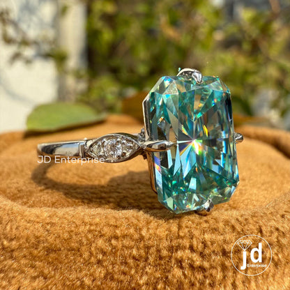 4.00 CT Radiant Cut Cyan Blue Moissanite Engagement Ring, Milgrain Wedding Ring, Compass Set Prongs, Bridal Ring, Anniversary Gifts Ring