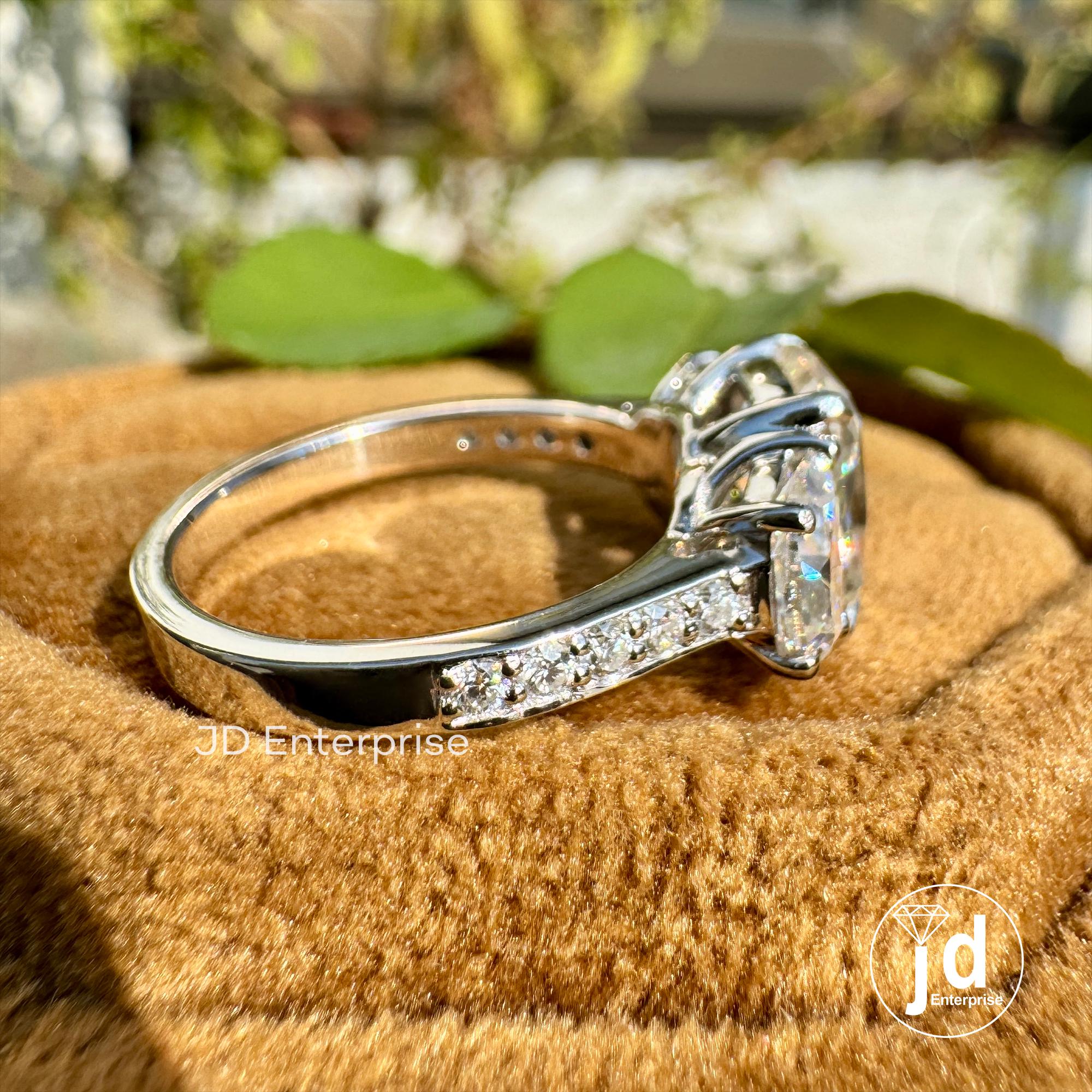 Old Mine Cushion Moissanite Ring, 3.50 TCW Moissanite Engagement Ring, Three Stone Wedding Ring, Halfmoon with Accent Stone, Bridal Ring