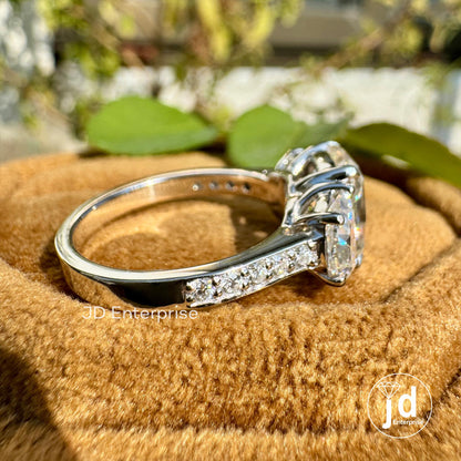 Old Mine Cushion Moissanite Ring, 3.50 TCW Moissanite Engagement Ring, Three Stone Wedding Ring, Halfmoon with Accent Stone, Bridal Ring