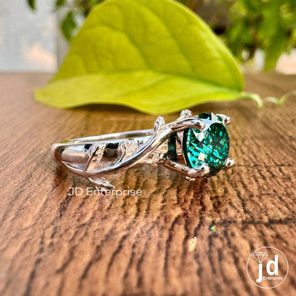 1.25CT Portuguese Cut Green Moissanite Engagement Ring, Vintage Leaf Solitaire Wedding Ring, Nature Inspired Anniversary Gift, Bridal Ring