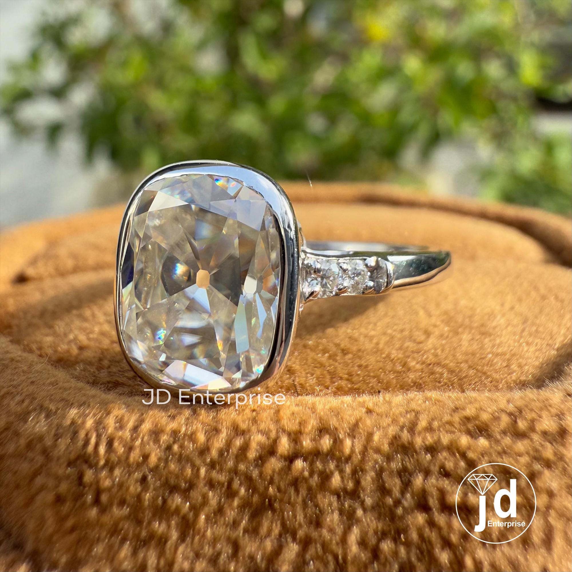 Bezel Set Vintage 3.00 CT Cushion Old Mine Cut Moissanite Engagement Ring, Tulip Basket Set Wedding Ring, Anniversary Gift, Promise Ring