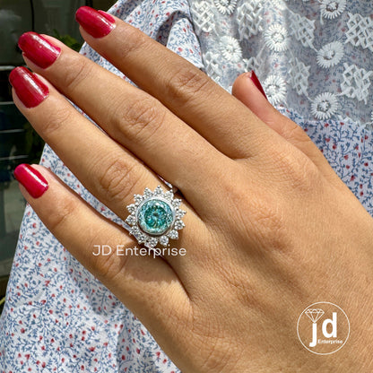 2.25 carat Cyan Blue Portuguese Cut Moissanite Engagement Ring, Antique Halo Ring for Women, Floral Style Wedding Ring, Bespoken Ring