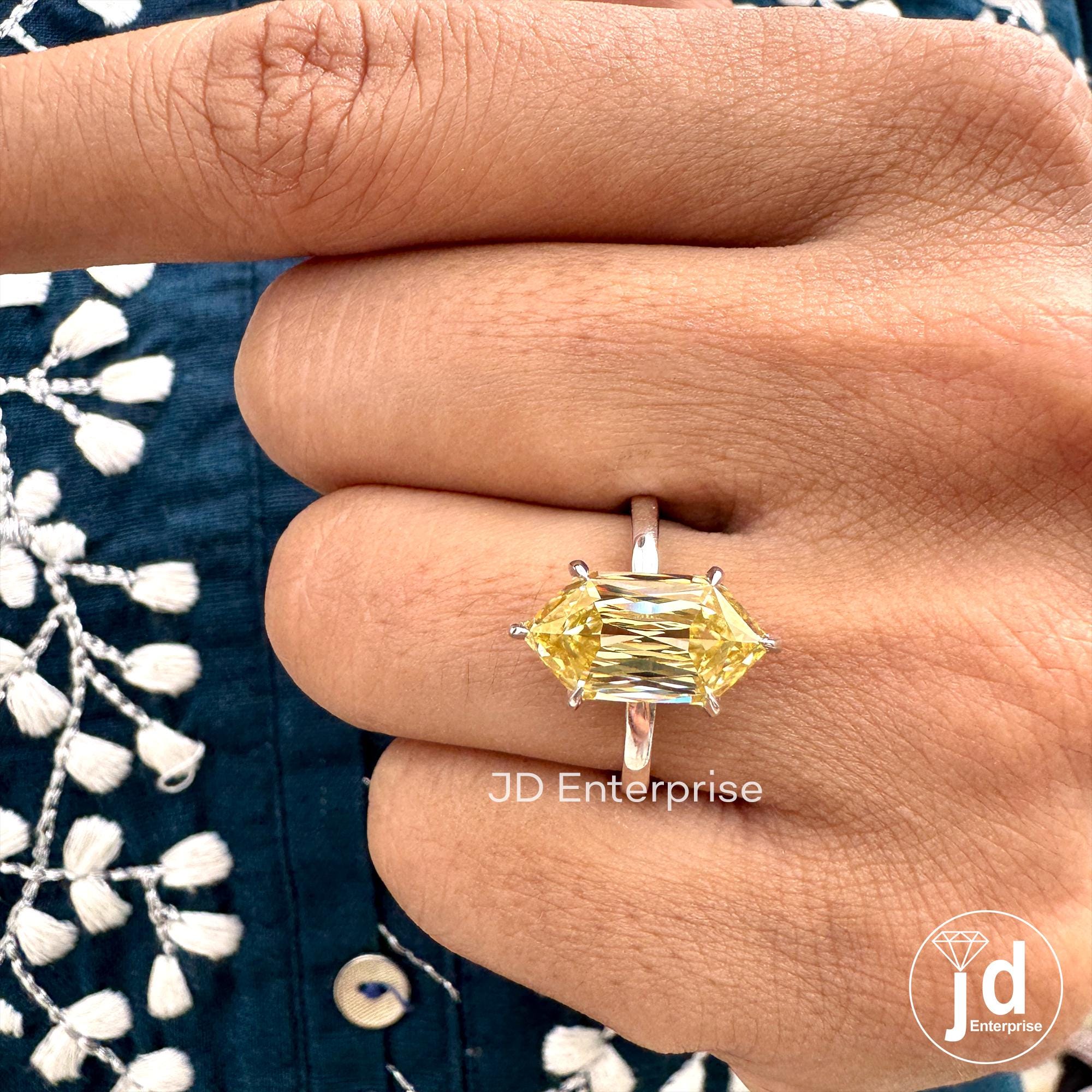 4.00 CT Hexagon Cut Canary Yellow Moissanite Engagement Ring, Yellow Solitaire Wedding Ring, Elongated Hexagon Cut Anniversary Gift Rings