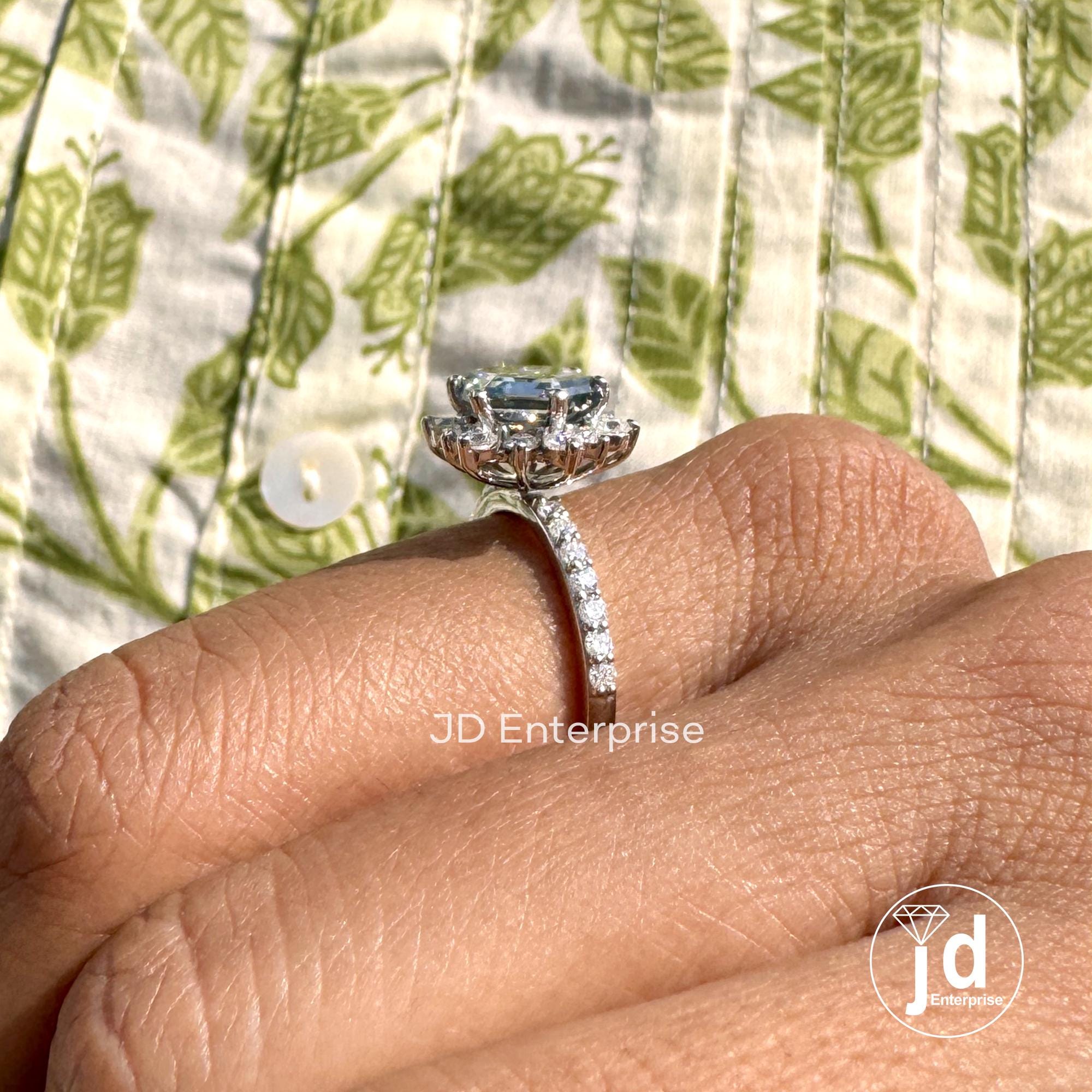 2.78 TW Hexagon Step Cut Grey Moissanite Engagement Ring, Flower Style Halo Wedding Ring, Pave Set Anniversary Ring, Bridal Set Ring