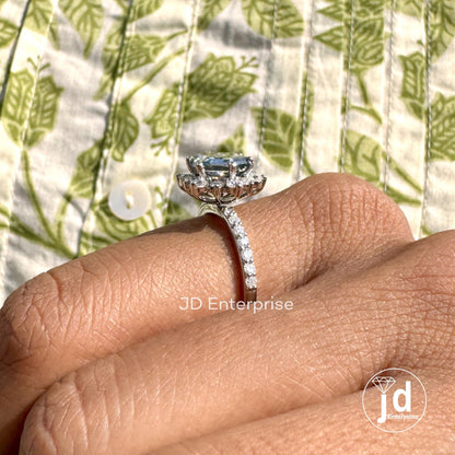 2.78 TW Hexagon Step Cut Grey Moissanite Engagement Ring, Flower Style Halo Wedding Ring, Pave Set Anniversary Ring, Bridal Set Ring