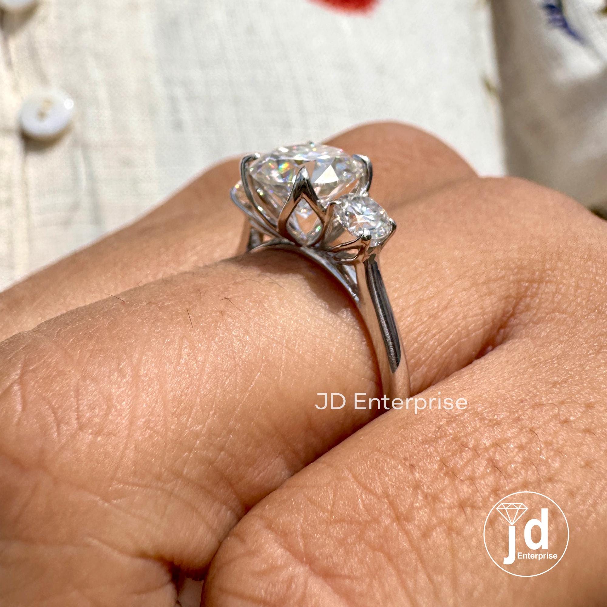 2.36 TW Round Brilliant Colorless Moissanite Ring, Three Stone Engagement Ring, Trellis Setting Wedding Ring, Proposal Ring, Promise Ring