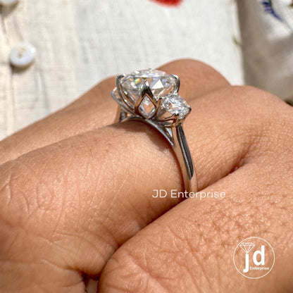 2.36 TW Round Brilliant Colorless Moissanite Ring, Three Stone Engagement Ring, Trellis Setting Wedding Ring, Proposal Ring, Promise Ring