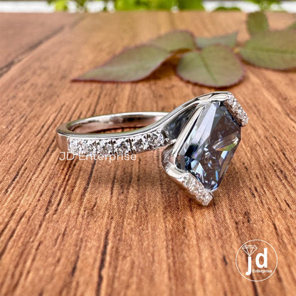 2.50 CT Royal Blue Radiant Cut Moissanite Engagement Ring, Half Halo Wedding Ring, Bypass Shank Anniversary Ring, Pave Set Bridal Ring