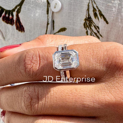 4.85 TCW Emerald Cut Colorless Moissanite Engagement Ring, Full Eternity Moissanite Wedding Band, Bezel Set Solitaire Bridal Ring Set