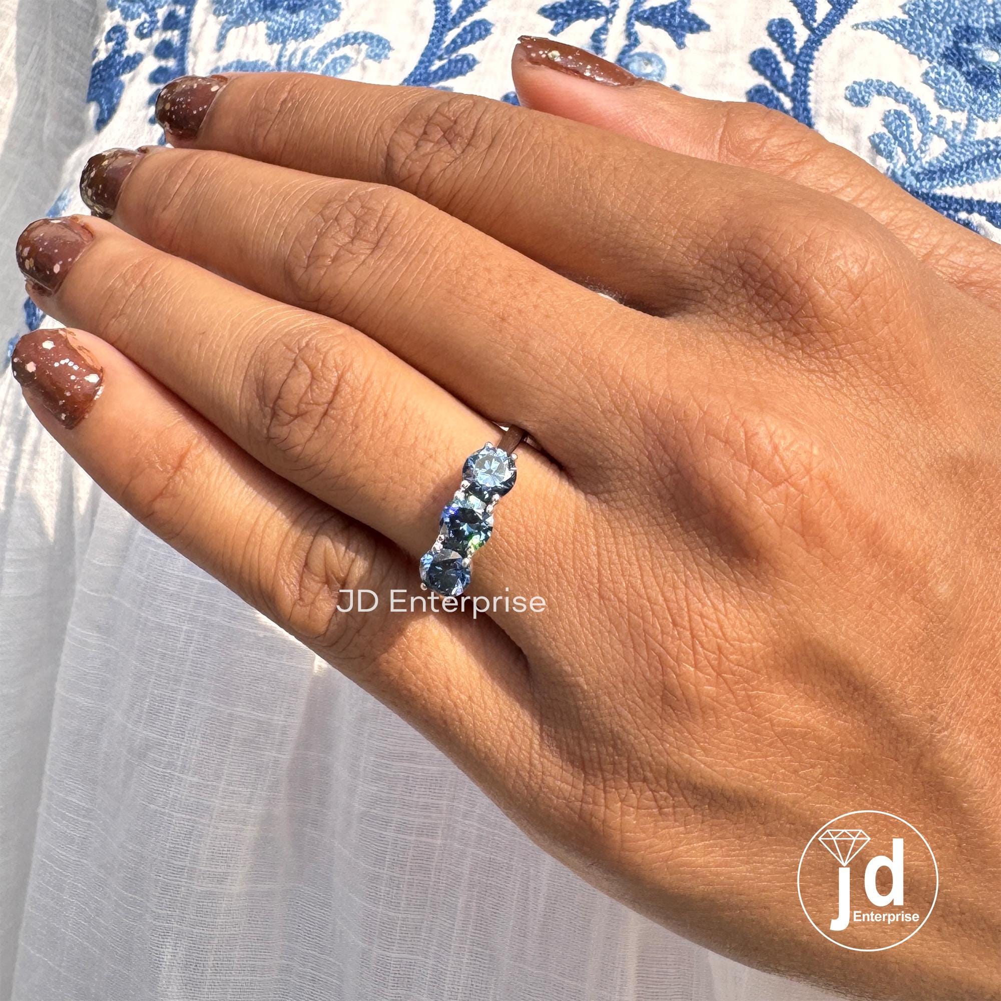 1.50 TCW Round Cut Antique Dark Blue Moissanite Engagement Ring, Three Stone Ring, White Gold Promise Ring, Wedding Ring, Anniversary Gift