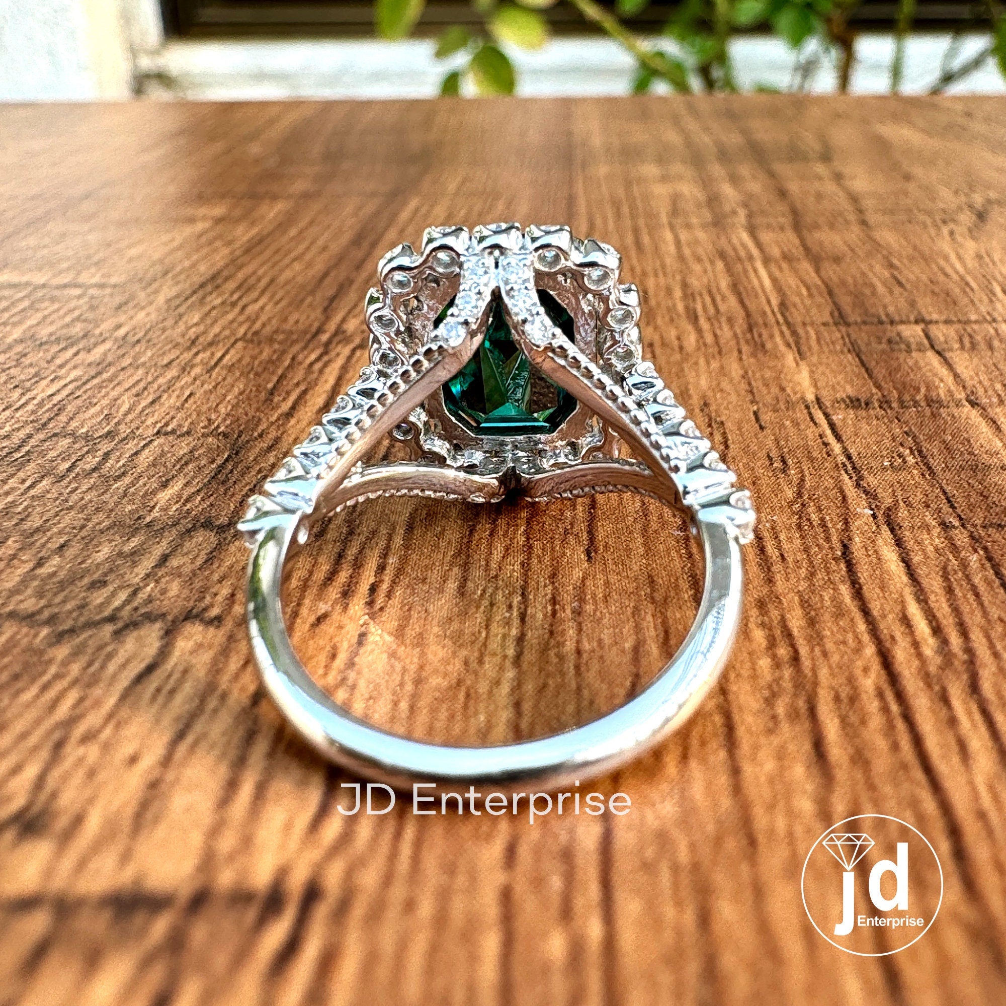 4.87 TCW Emerald Cut Dark Green Moissanite Engagement Ring, Halo Ring, Wedding Ring, Pave Split Shank Ring, Milgrain Ring, Art Deco Ring