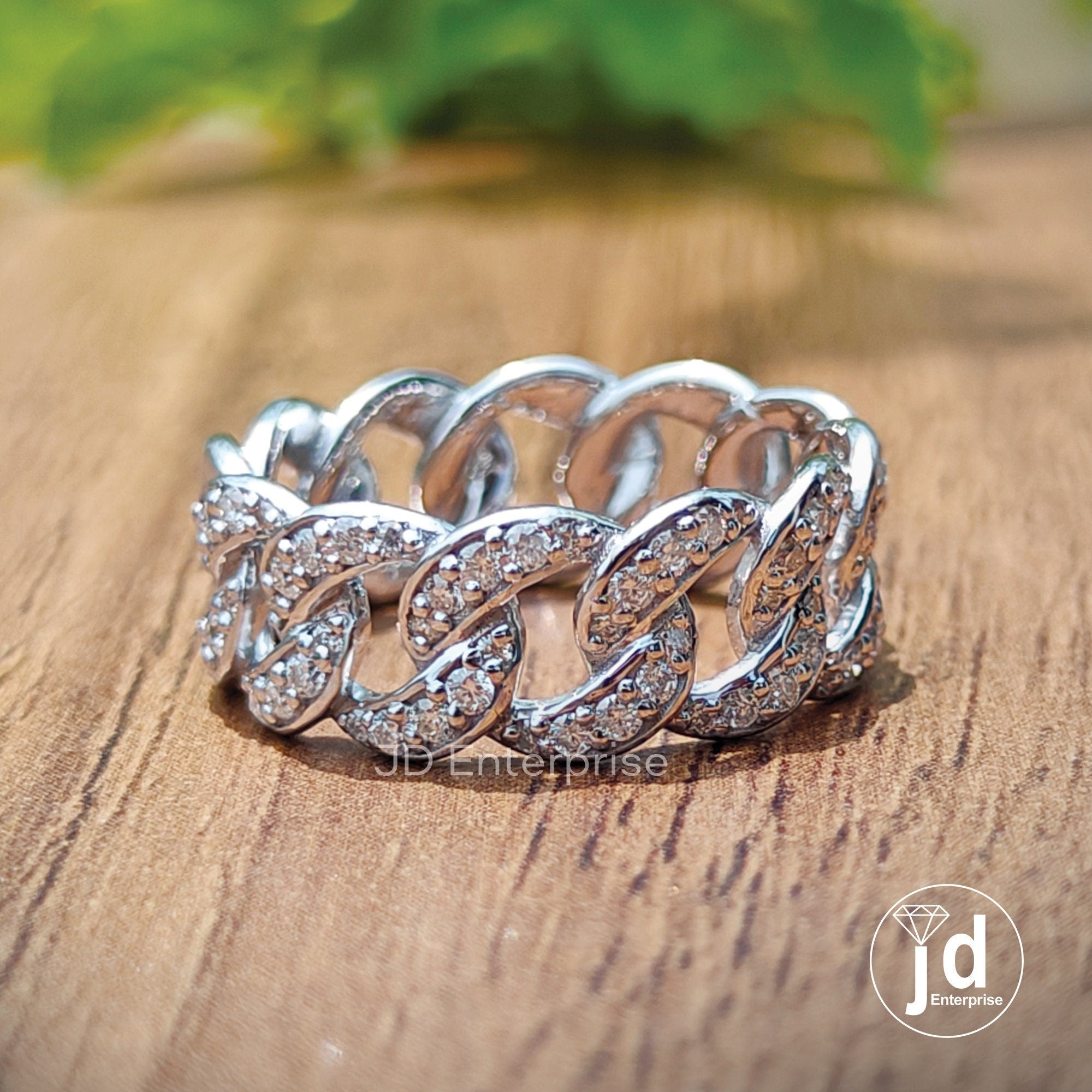 Mexican Cuban Link Ring, Colorless Fiery Round Brilliant Cut Moissanite Wedding Band for Groom, Men's Band, Half Eternity Ring for Him